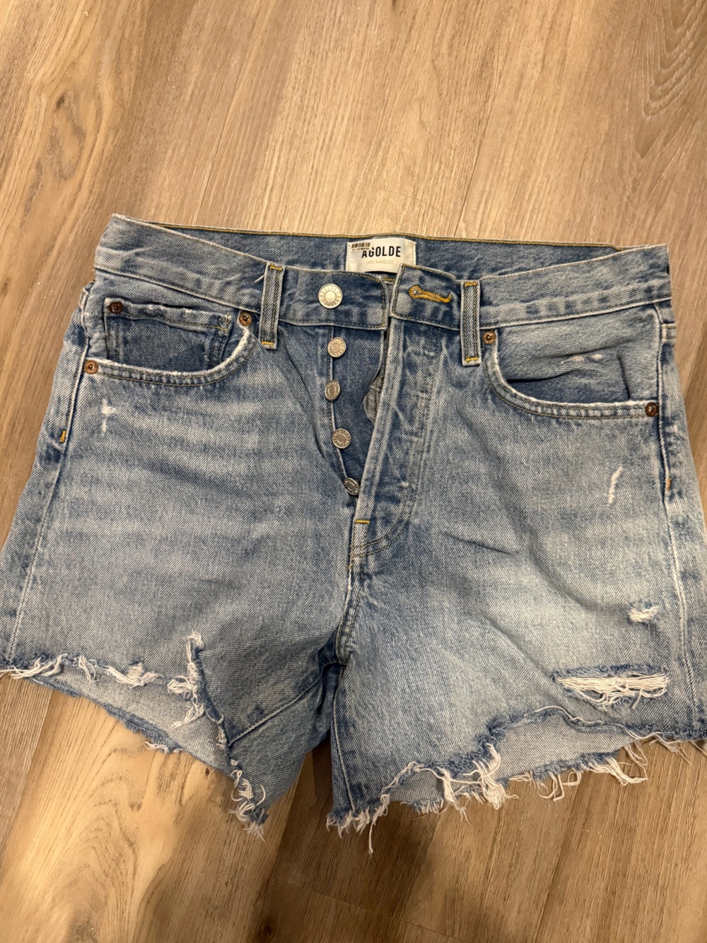 Agolde Light Blue Distressed High-Rise Jean Shorts